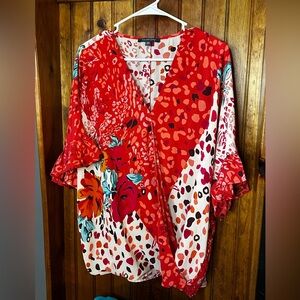 Laurel‎ Grey Multi-Colored Ruffle Sleeve Crossover Top